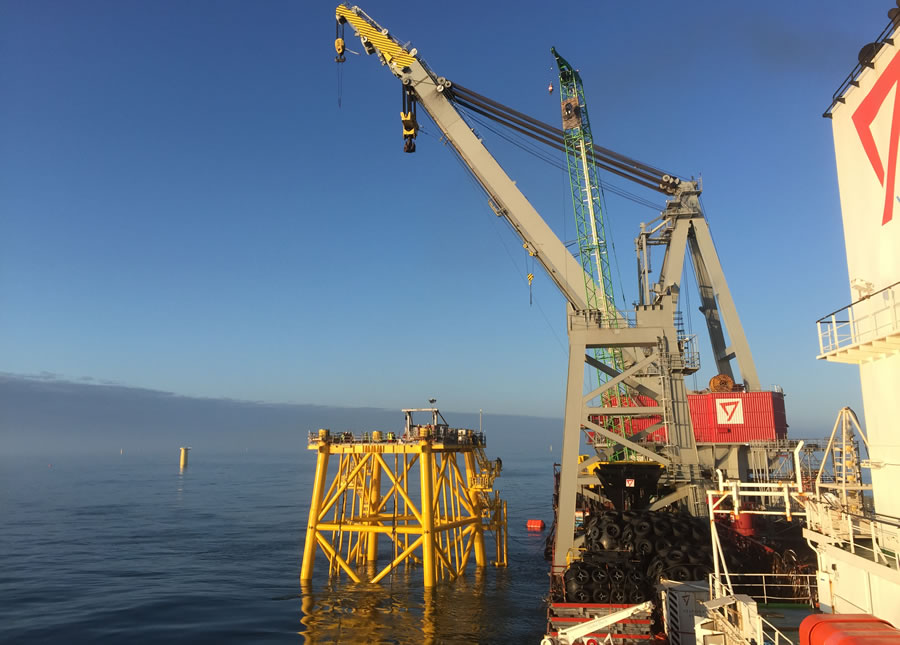 The steel jacket for the offshore substation is in place.